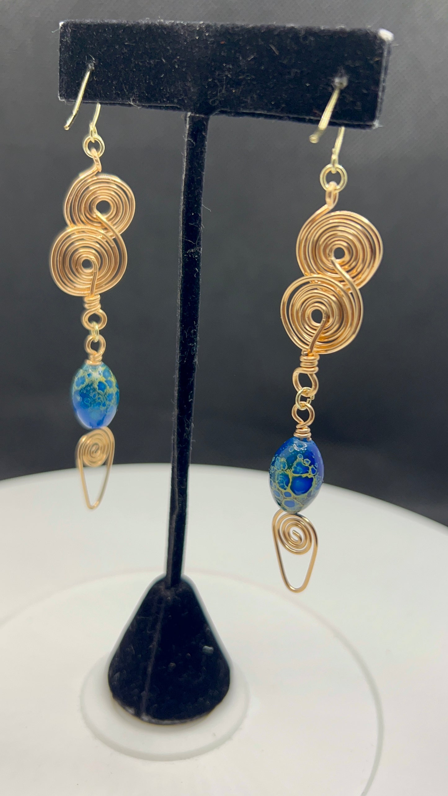 Brass Handmade Swirl and Blue Speckled Barrel Beaded Earrings