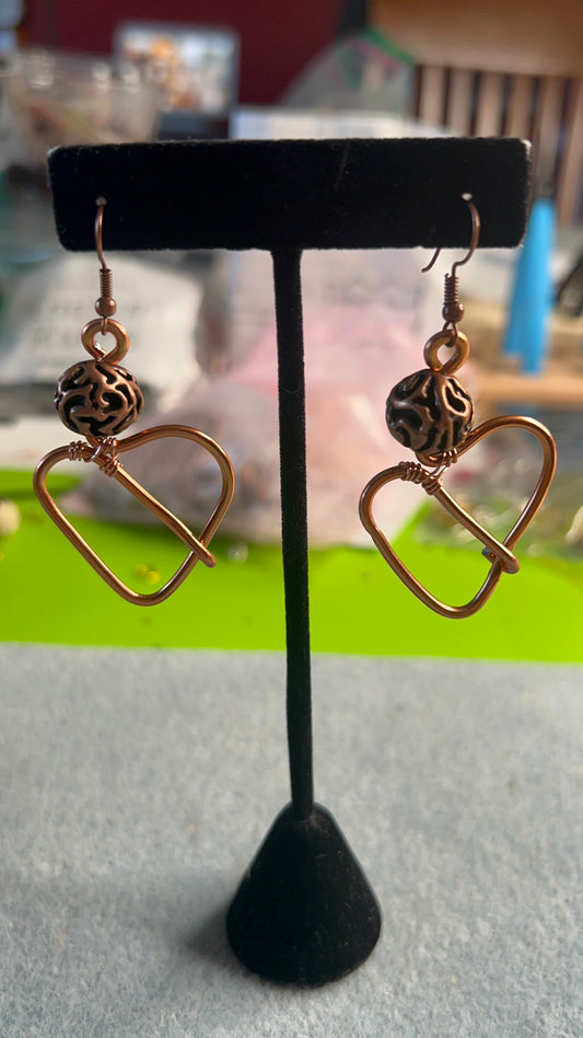 Hand-Formed Copper Heart with Deco Bead Earrings