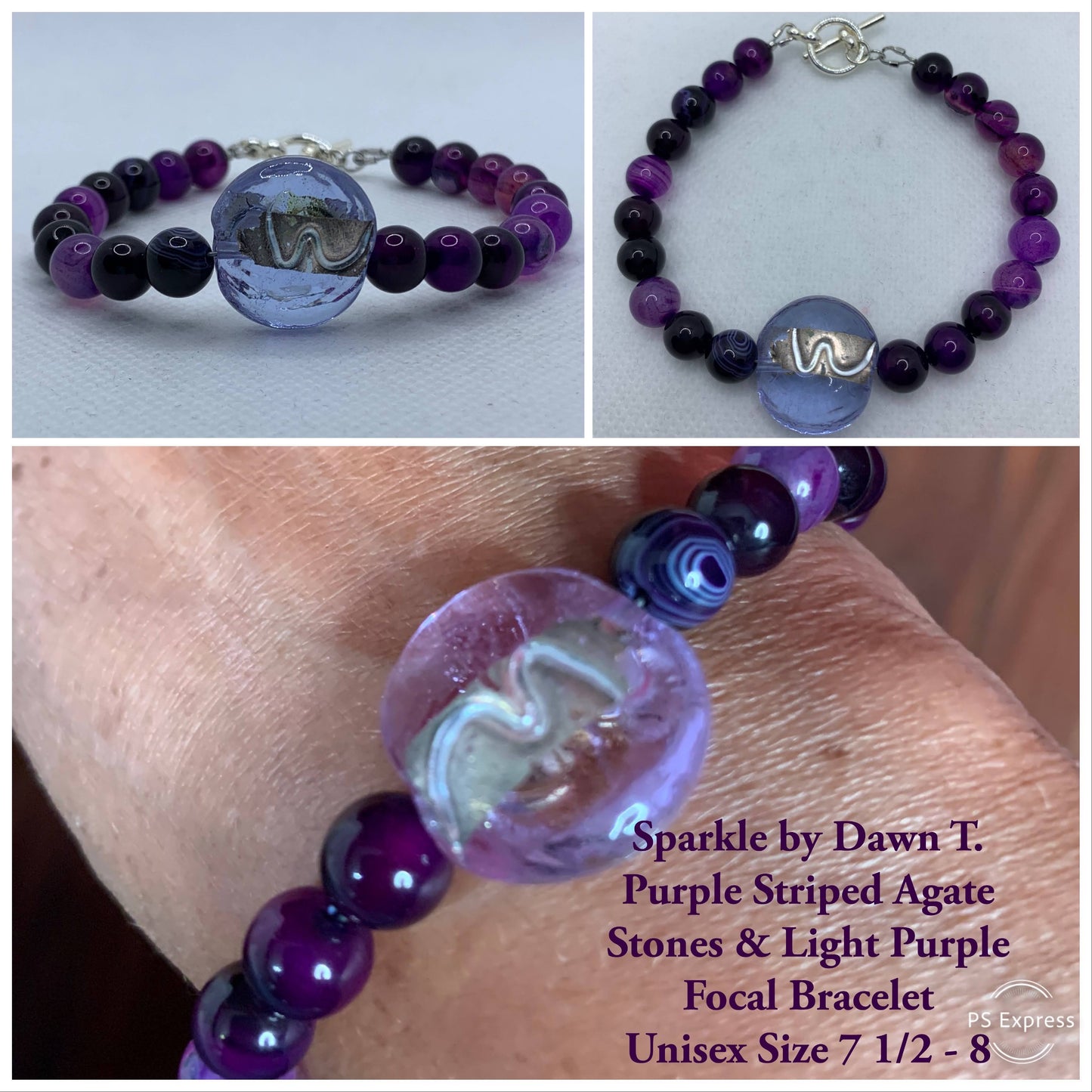 Purple Striped Agate Stones and Light Purple focal Unisex bracelet