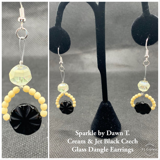 Cream and Jet Black Czech Glass Dangle Earrings