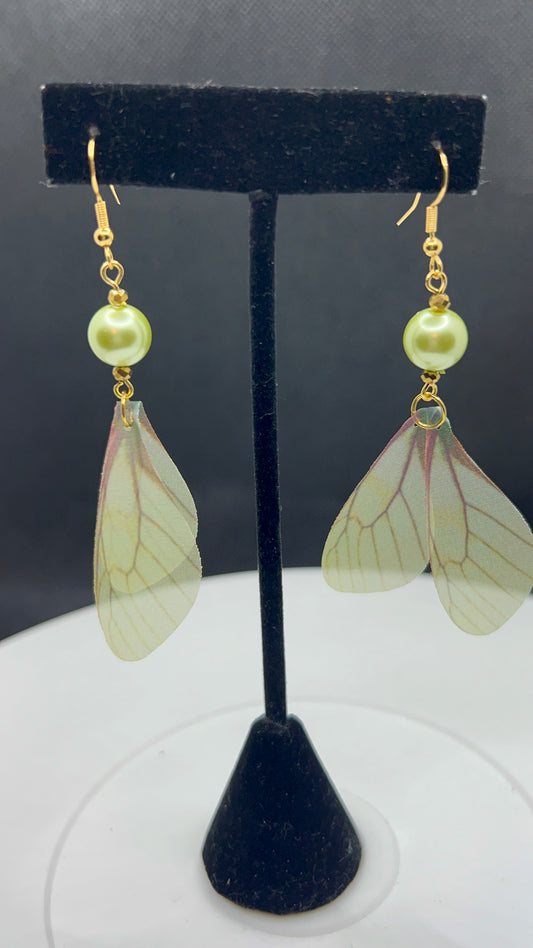 Pale Green Pearl with Wings Earrings