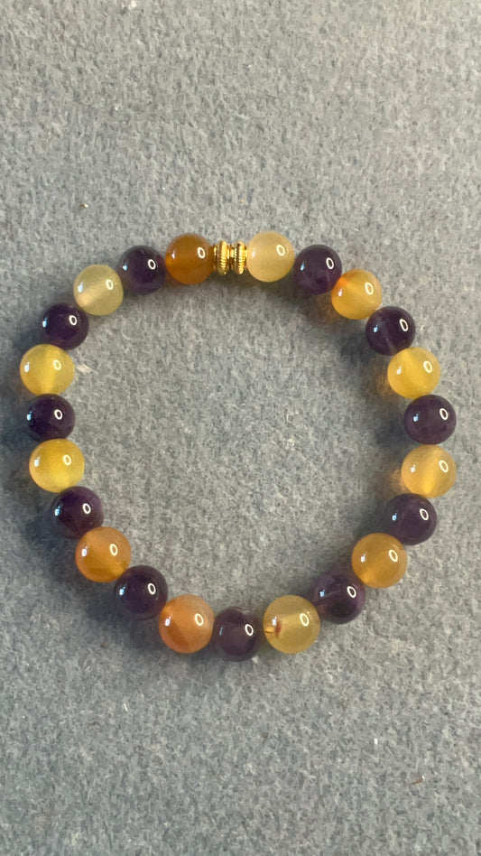 Yellow Agate and Amethyst Stretch Bracelet - Purple and Gold