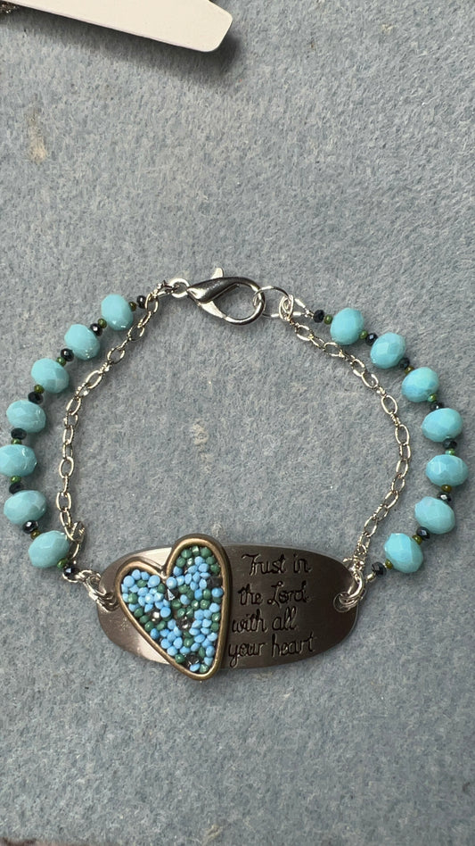 Trust In the Lord Pendant and Sky blue Crystals with silver chain bracelet