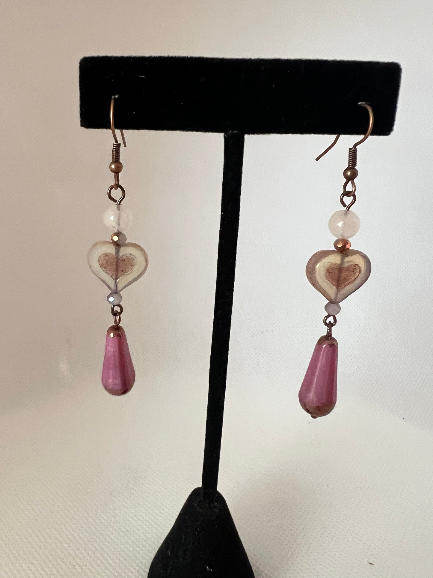 Copper Rose Teardrop, frosted pink heart and rose quartz earrings