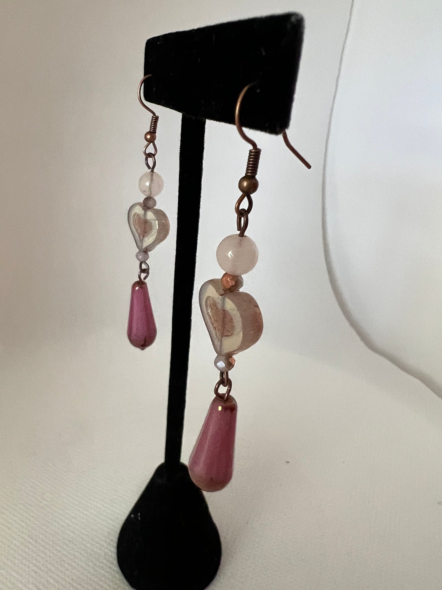 Copper Rose Teardrop, frosted pink heart and rose quartz earrings