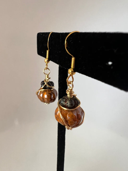 Czech Glass Mottled Orange Pumpkin Earrings