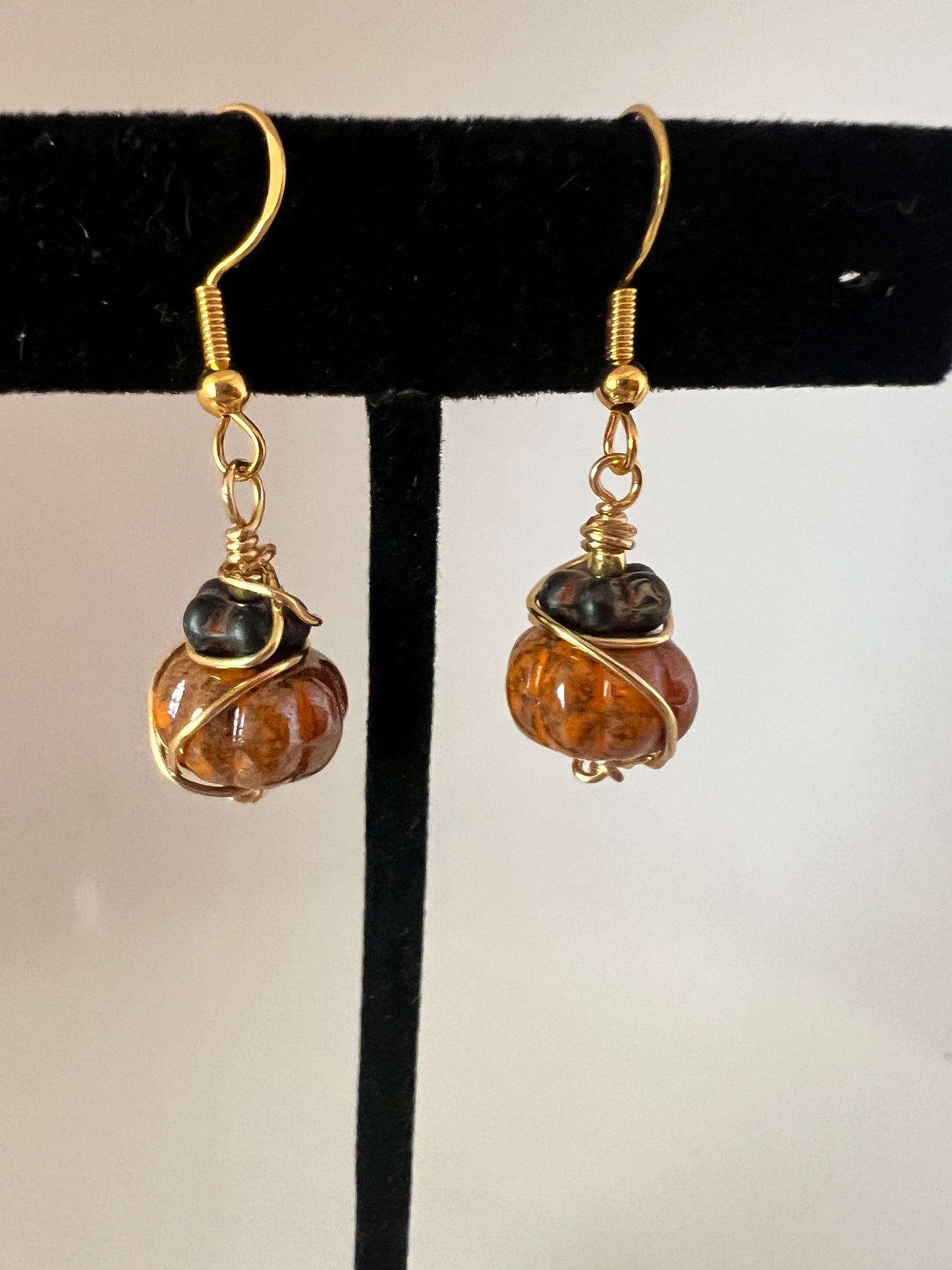 Czech Glass Mottled Orange Pumpkin Earrings