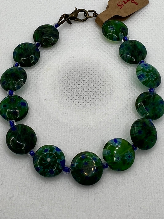 Green and Blue Flat Glass Beads Bracelet