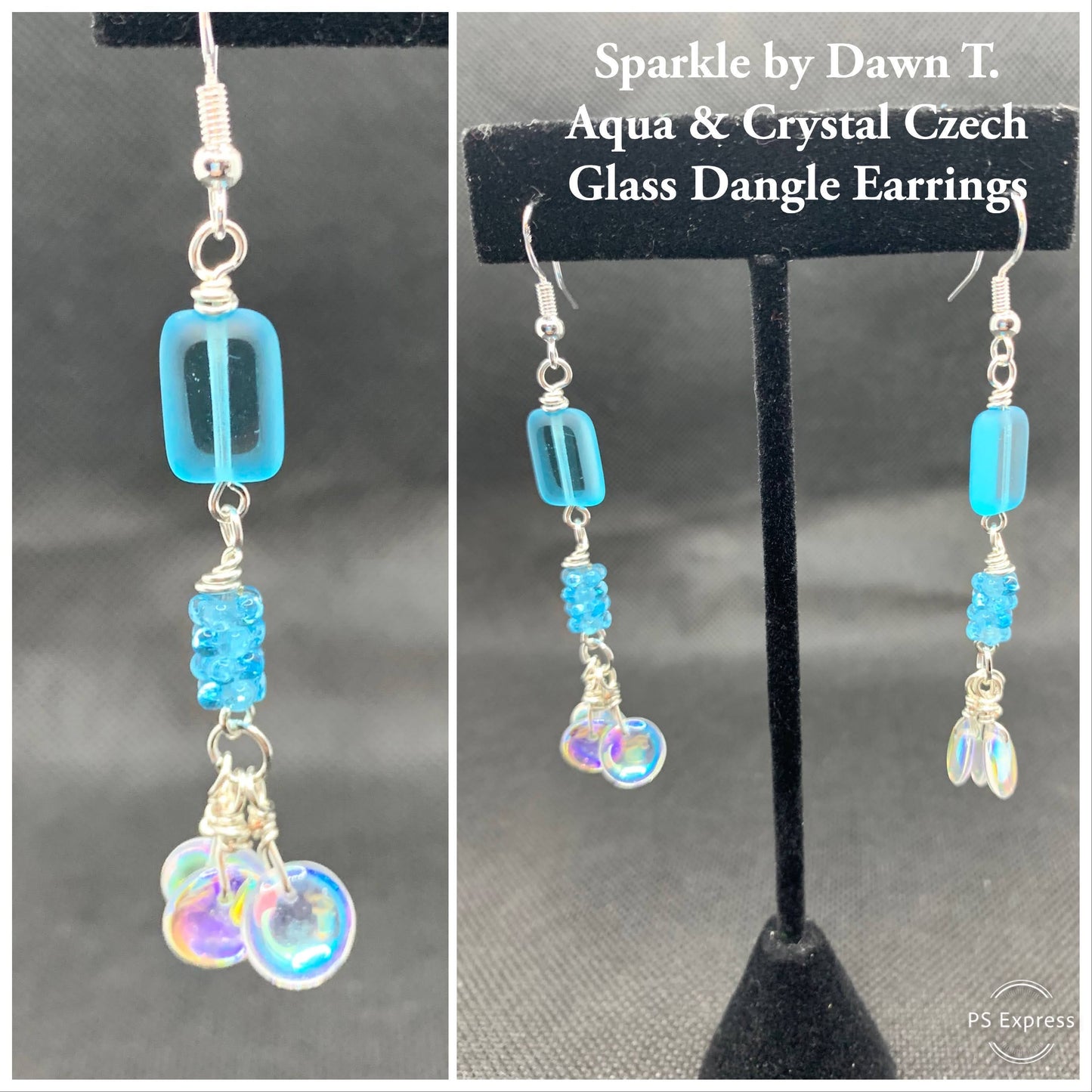 Turquoise Rectangle Czech Glass with Dangles Earrings