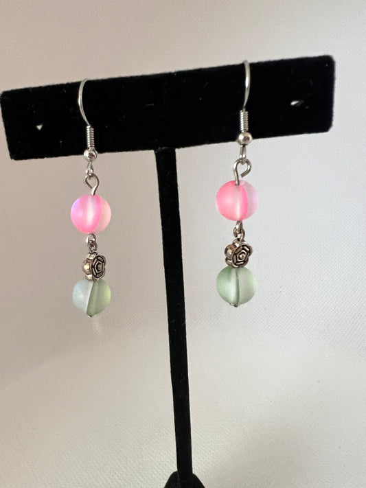 Pink and Green Mermaid Glass Earrings