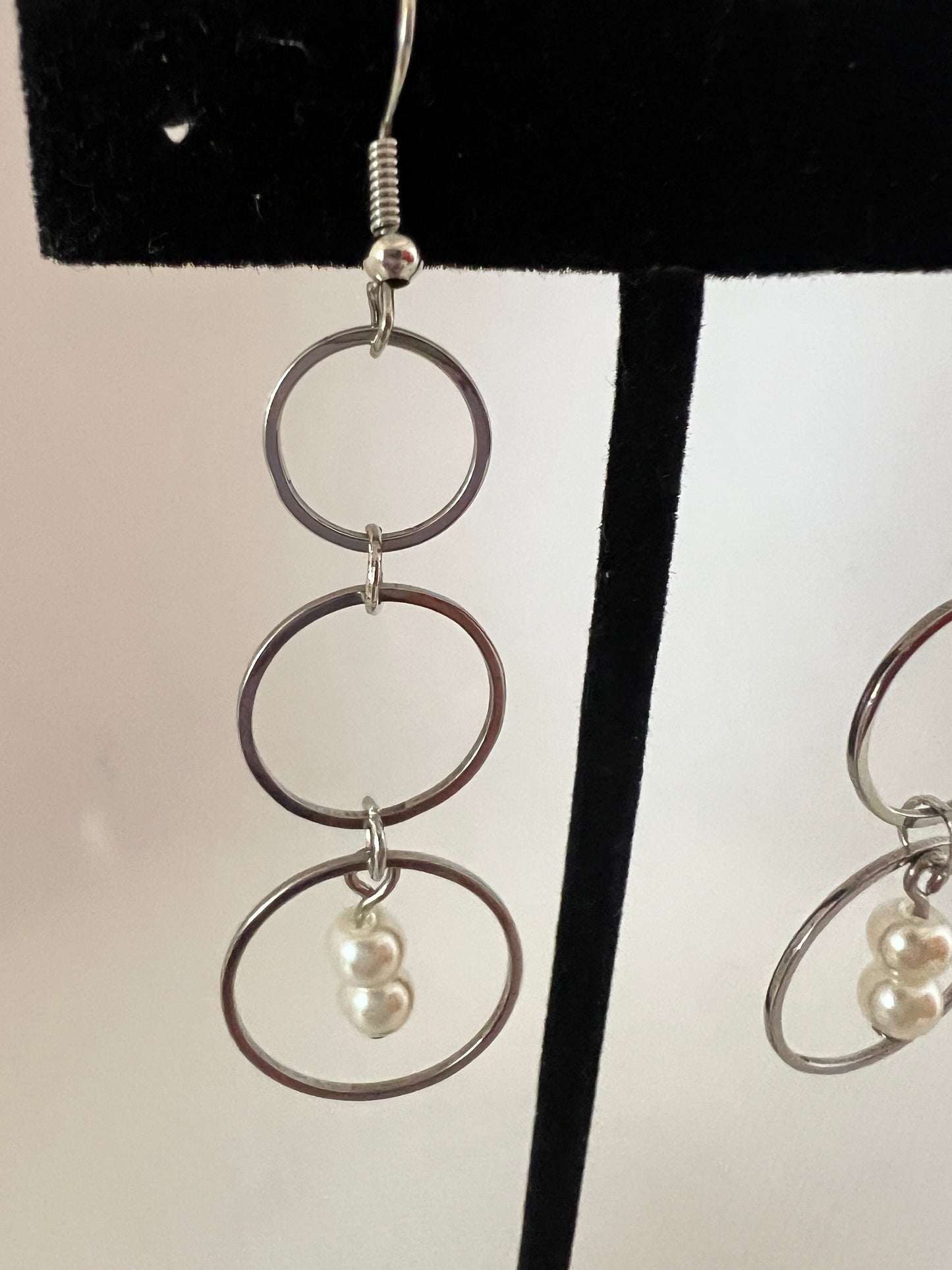 Silver Triple Ring Earrings with small pearls