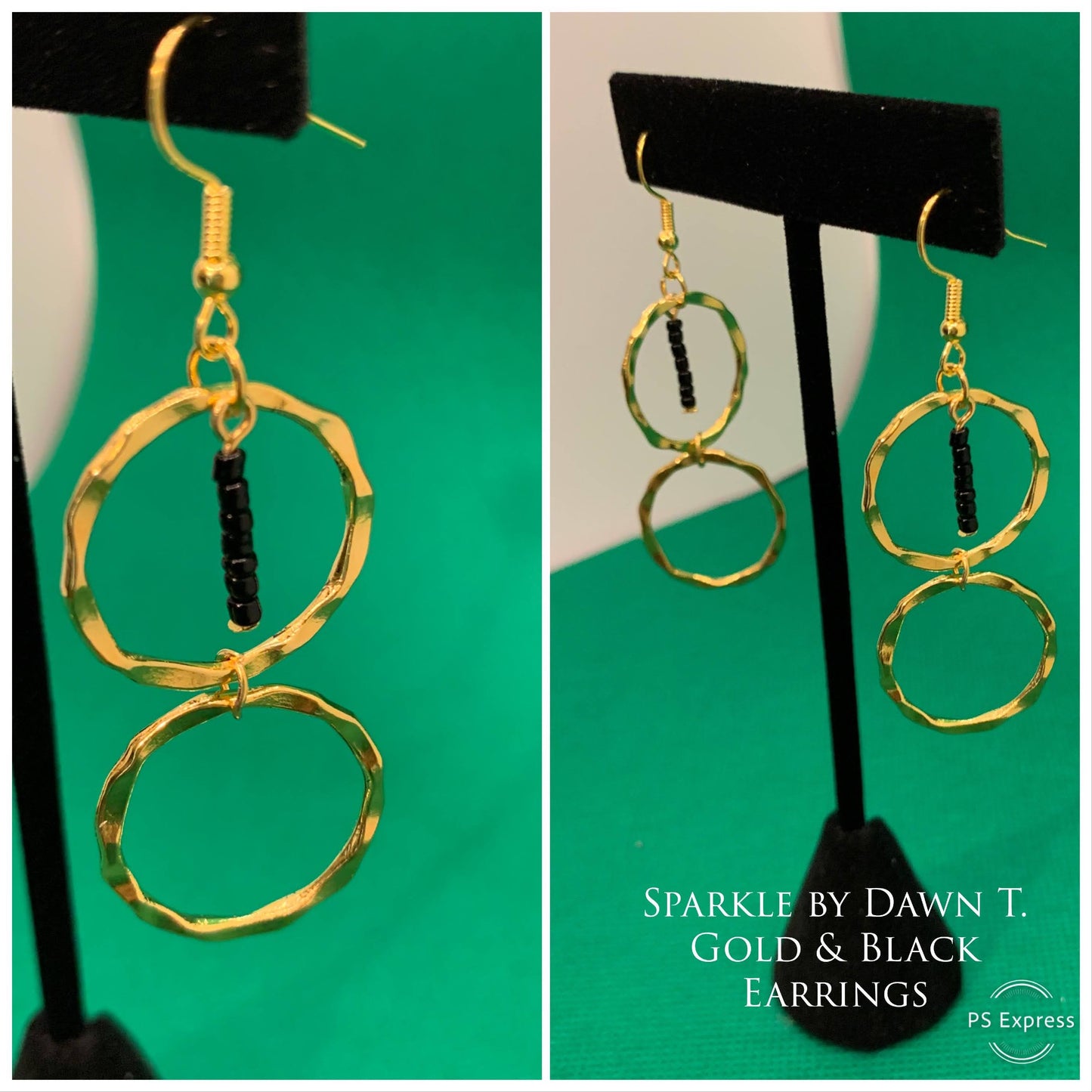 Double-Gold Ring and Black Dangles Earrings