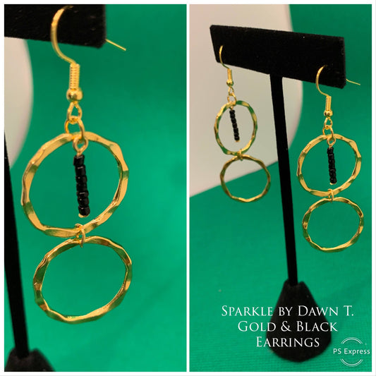 Double-Gold Ring and Black Dangles Earrings