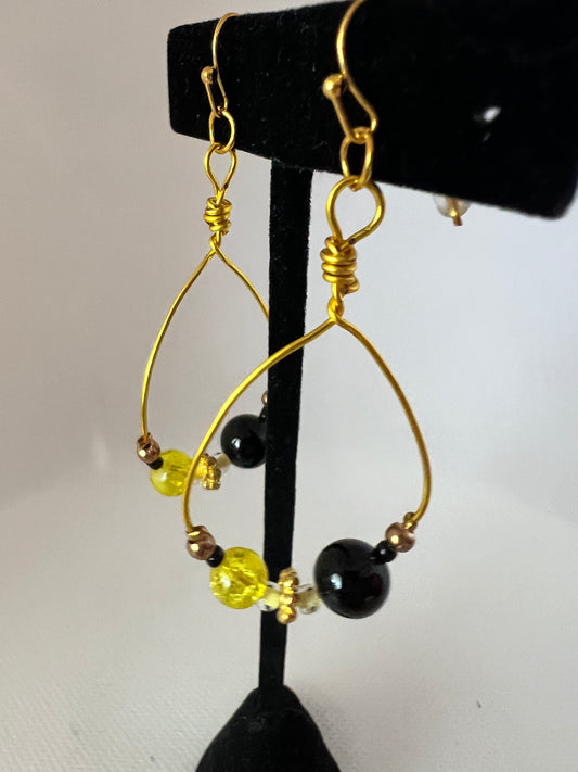 Gold Teardrops with Yellow and Black Bead Earrings