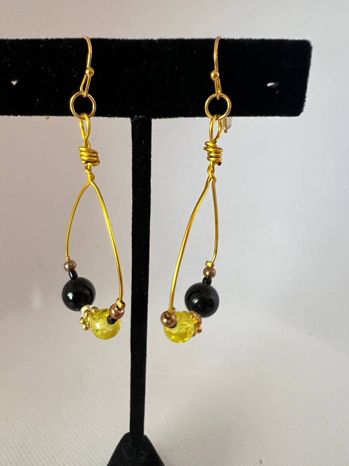 Gold Teardrops with Yellow and Black Bead Earrings