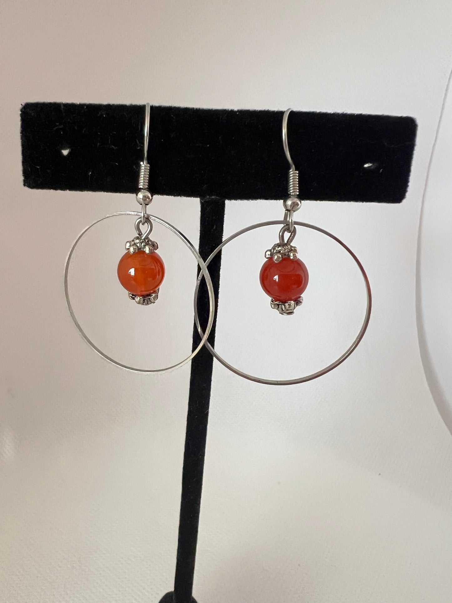 Carnelian Bead in Silver Rings Earrings