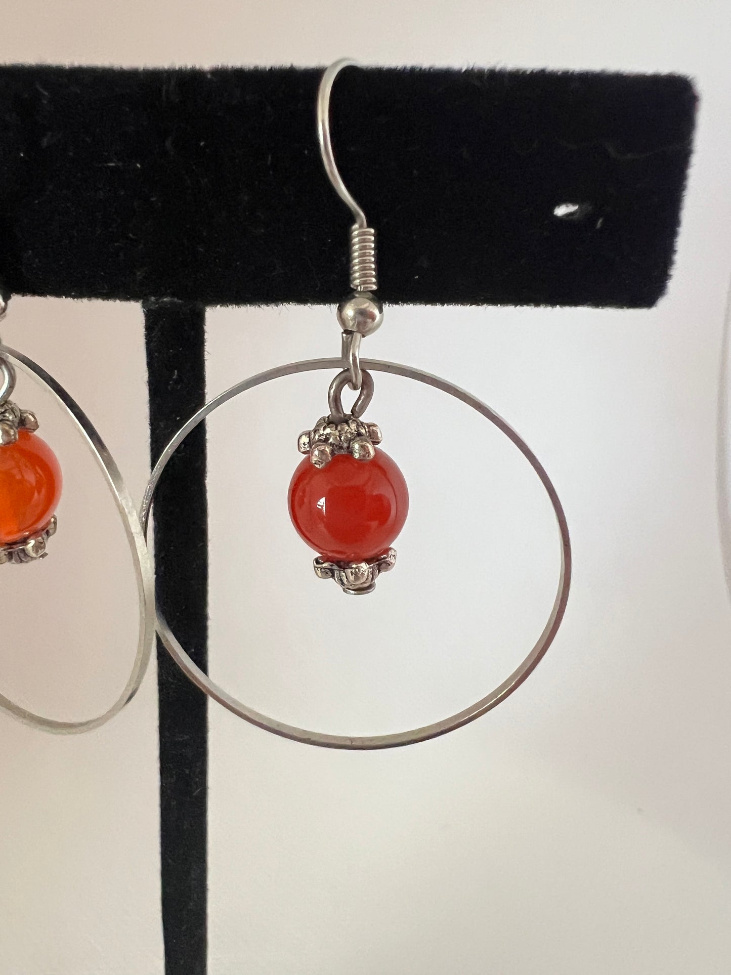 Carnelian Bead in Silver Rings Earrings