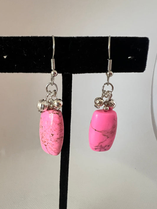 Bright Pink Rectangle Gemstone with Silver Dangles Earrings