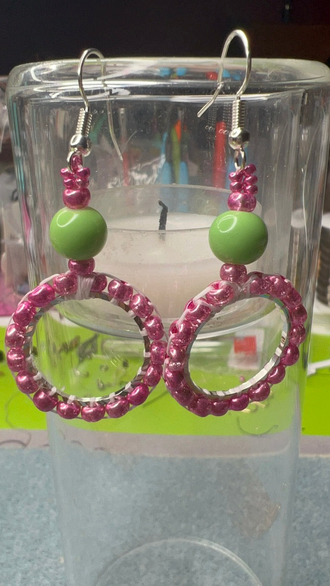 Pink and Green Wrapped Bead Bracelet and Earrings