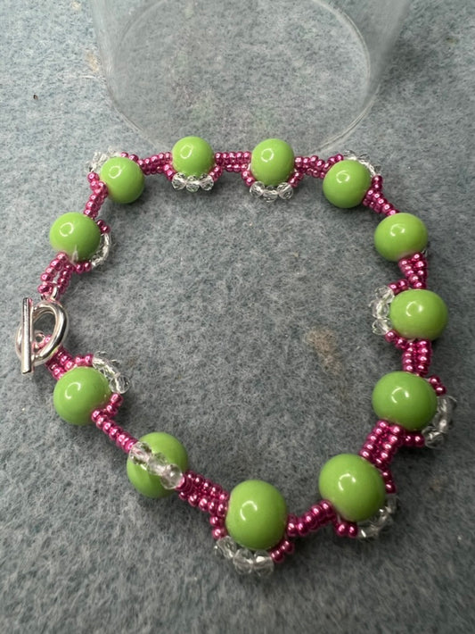 Pink and Green Wrapped Bead Bracelet and Earrings