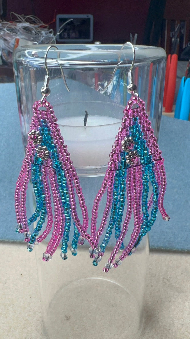 Fuchsia and Turquoise Blue Floral Fringe Earrings