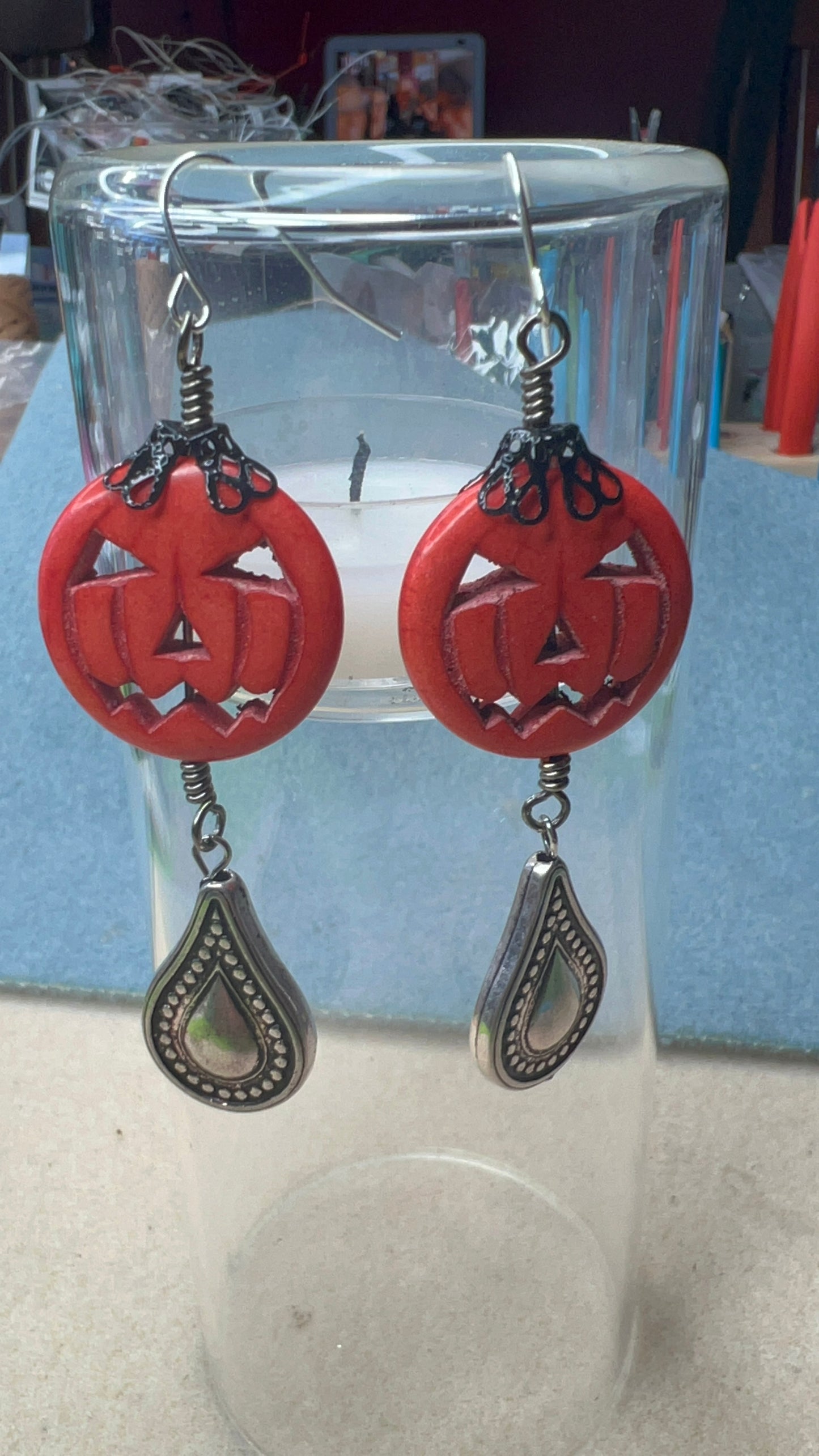 Pumpkin and Silver Teardrop Earrings