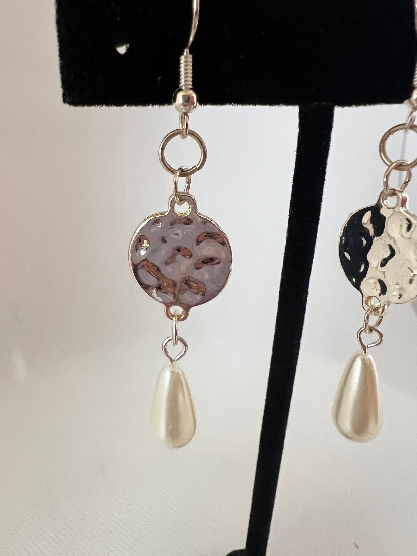 Teardrop Pearl and Siler Textured Earrings