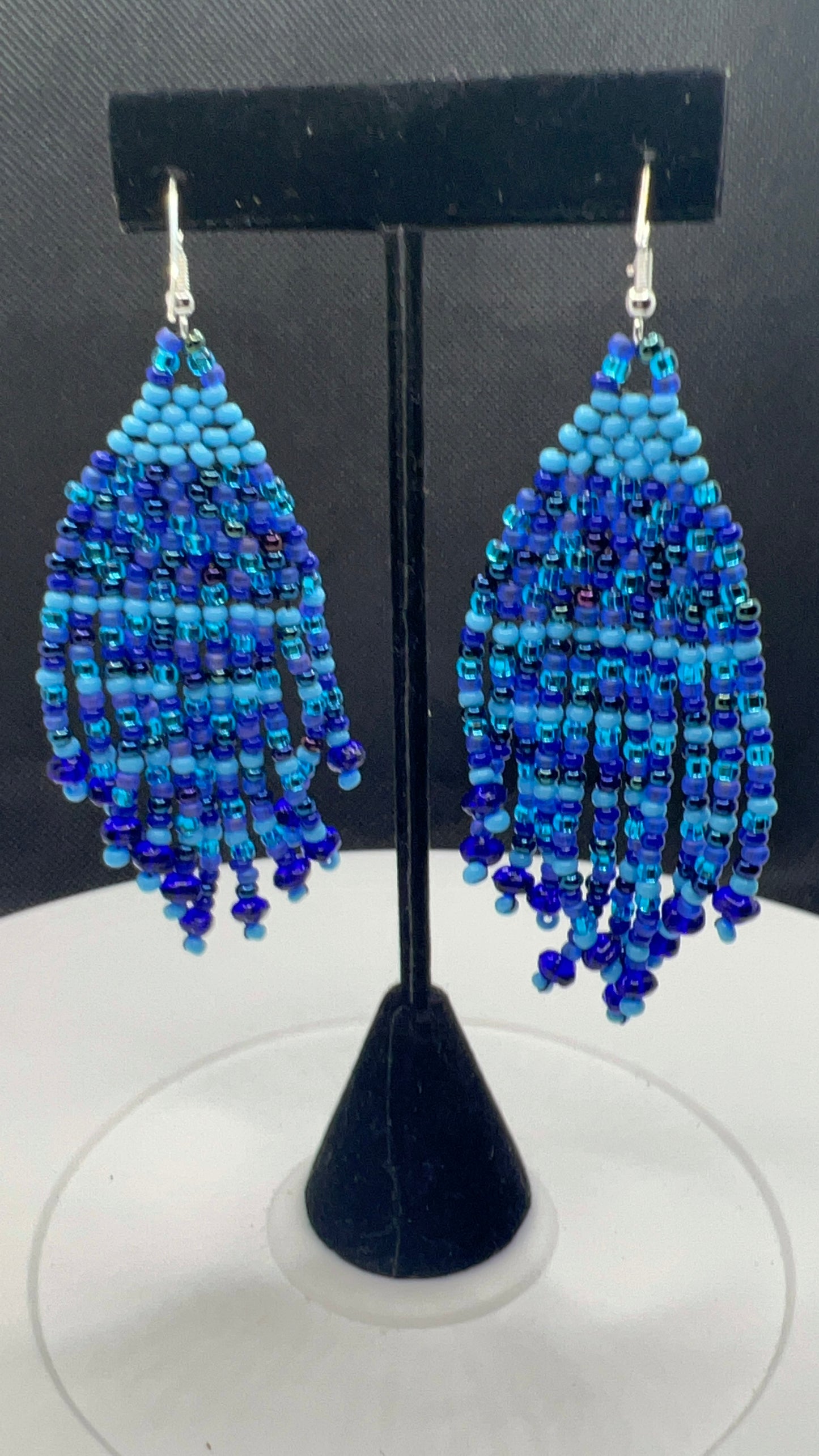 Opaque Light Blue and Deep Sea Blue Fringe Stitched Earrings