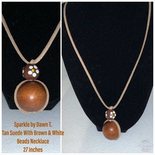 Brown wood beaded focal on suede 26 inch unisex necklace