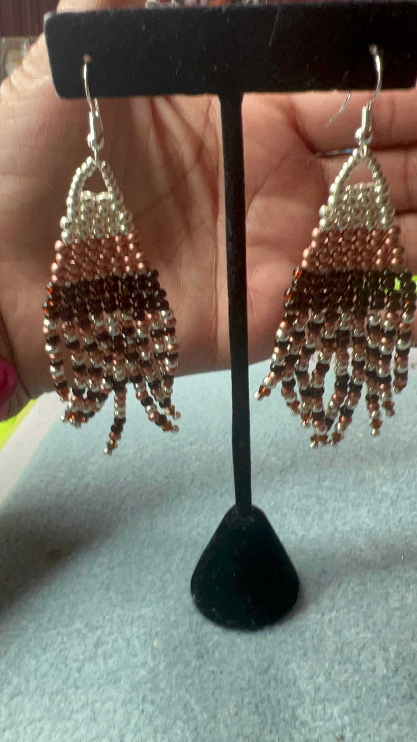 Silver, Copper and Apricot hombre Fringe Earrings