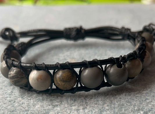 Artistic Jasper, Leather Wrapped Beaded Adjustable Bracelet