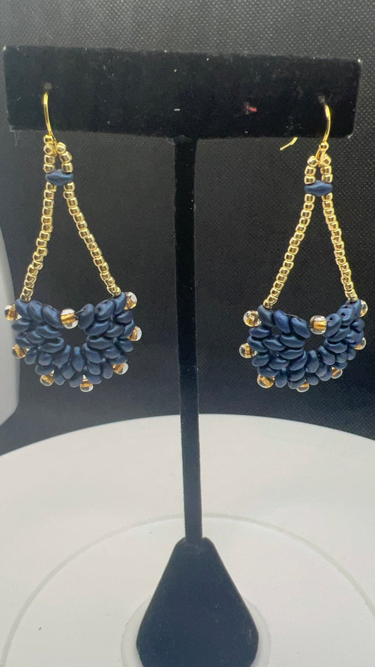 Satin Blue and Gold Fan Stitched Earrings