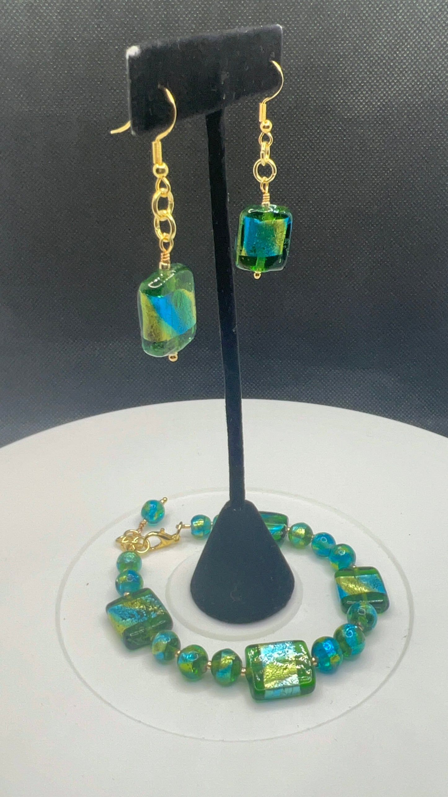 Blue/Green with Gold Bracelet with Earrings