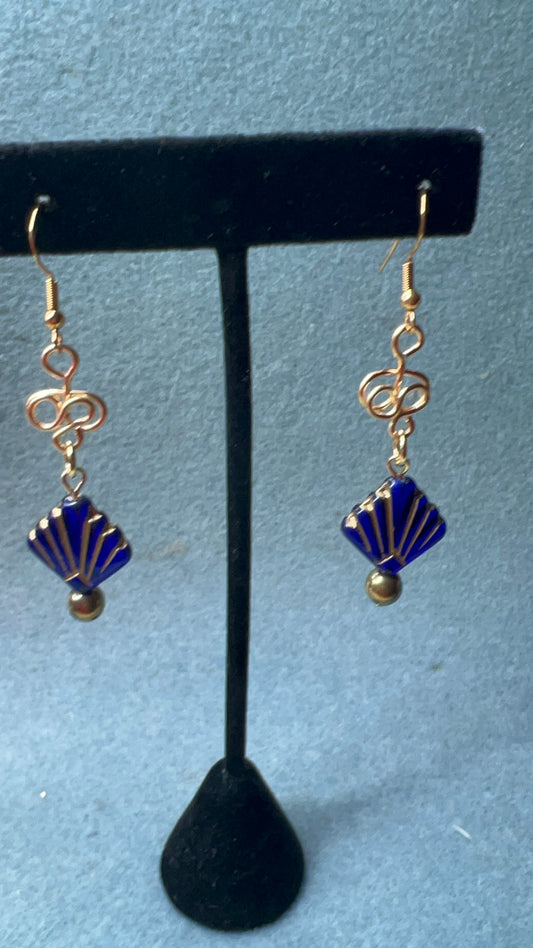 Blue and Gold Art Deco Fan Earrings