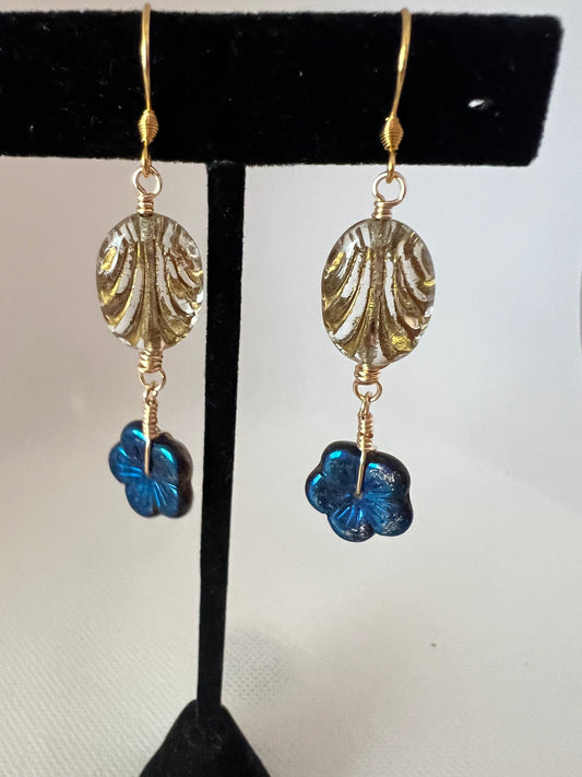 Blue and Gold Flower and Art Deco Oval Earrings