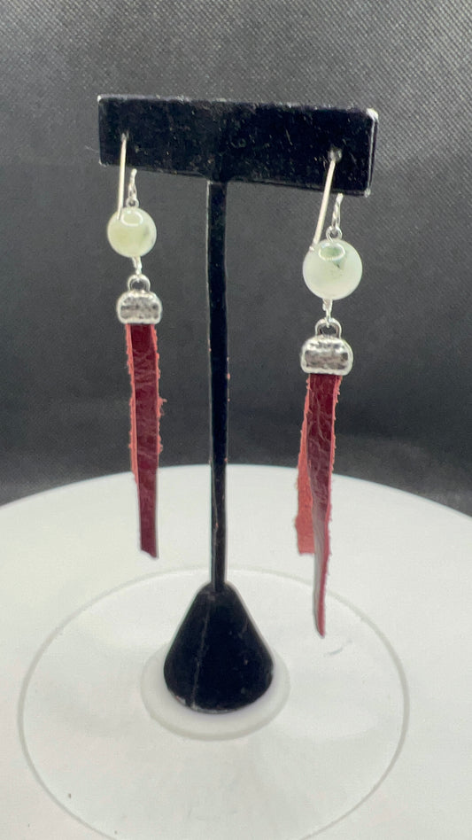 Burgundy_Maroon Leather and Gray African Bloodstone Earrings and Silver TierraCast