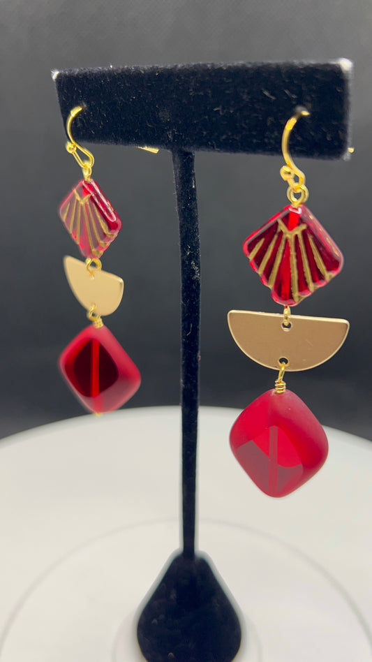 Red Art Deco and Gold Earrings