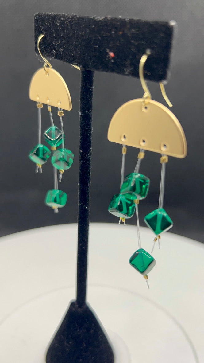 Emerald Cube and Matt Gold Floating Earrings