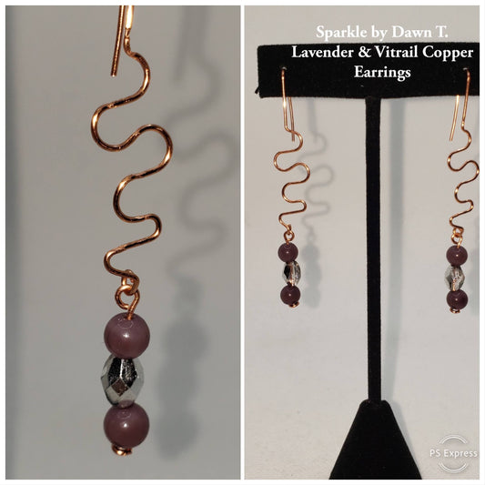 Lavender and Vitrail Swirl Bend Copper Earrings