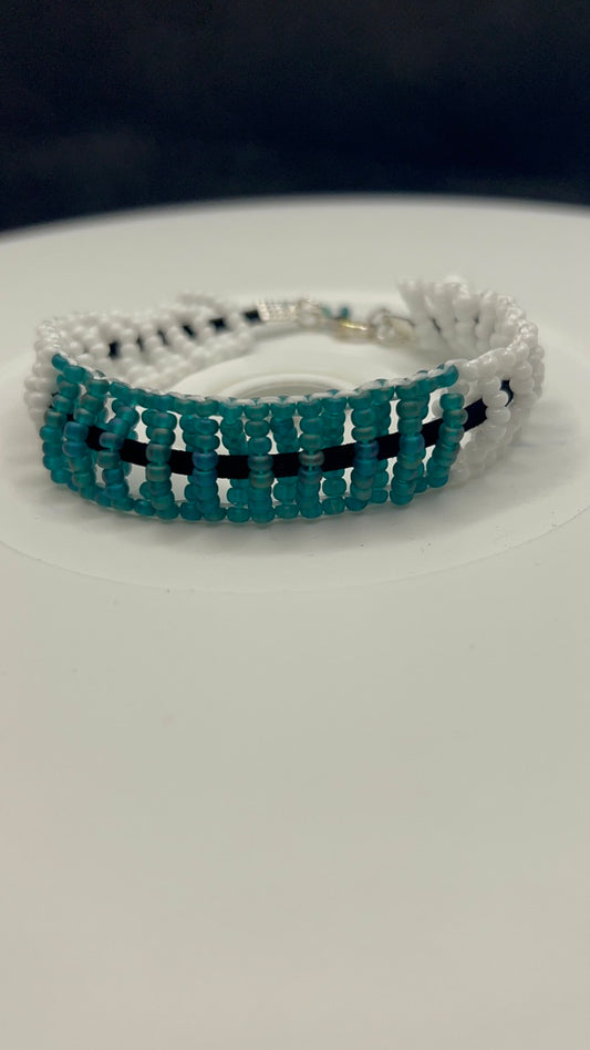 Green and White Basket Woven and Suede Bracelet