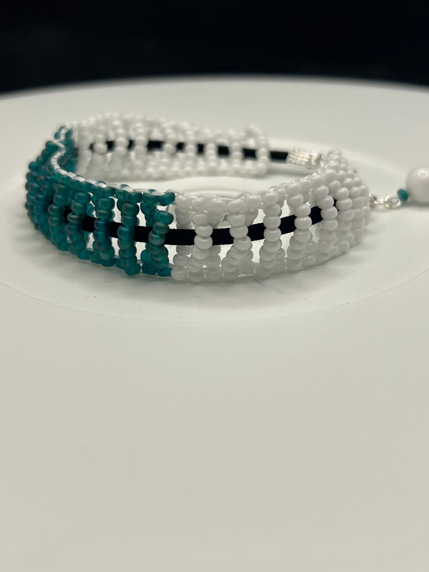 Green and White Basket Woven and Suede Bracelet