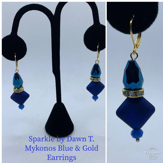 Mykonos Blue and Gold Earrings and Bracelet diamond shaped beads with crystals on earrings - blue and gold flower beads, gold capped sparkle