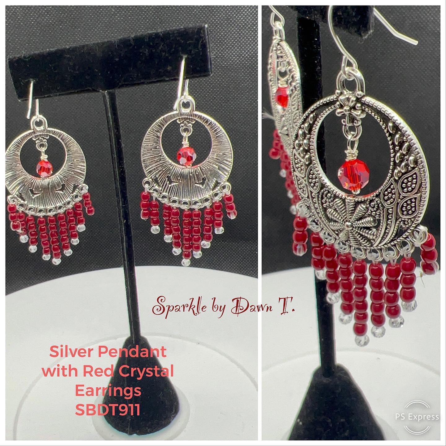 Silver Pendant with Red Crystal Earrings