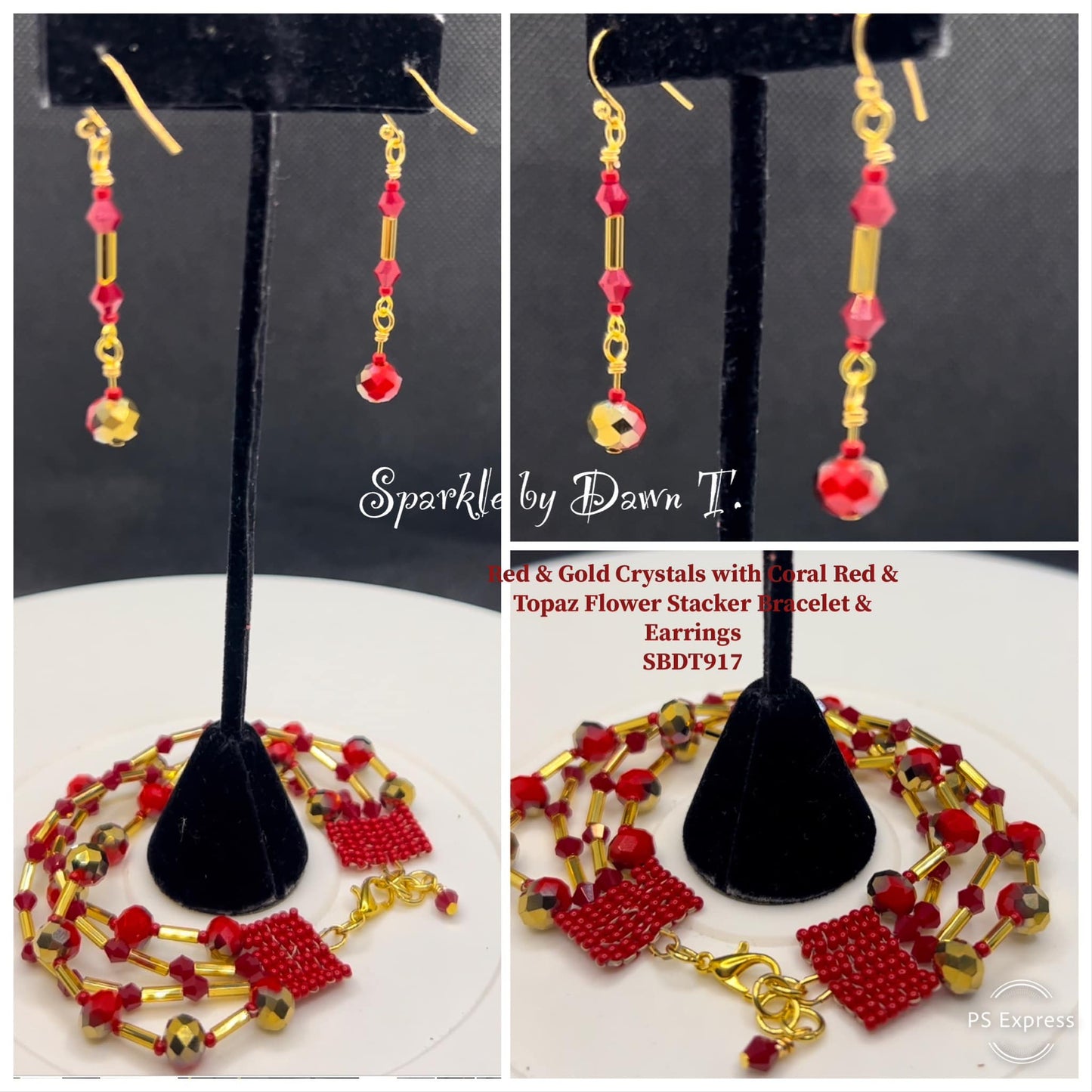 Red, Gold Crystals with Coral Red and Topaz Flower Stacker Bracelet and Earrings