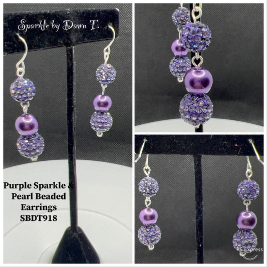 Purple Sparkle and Pearl Beaded Earrings