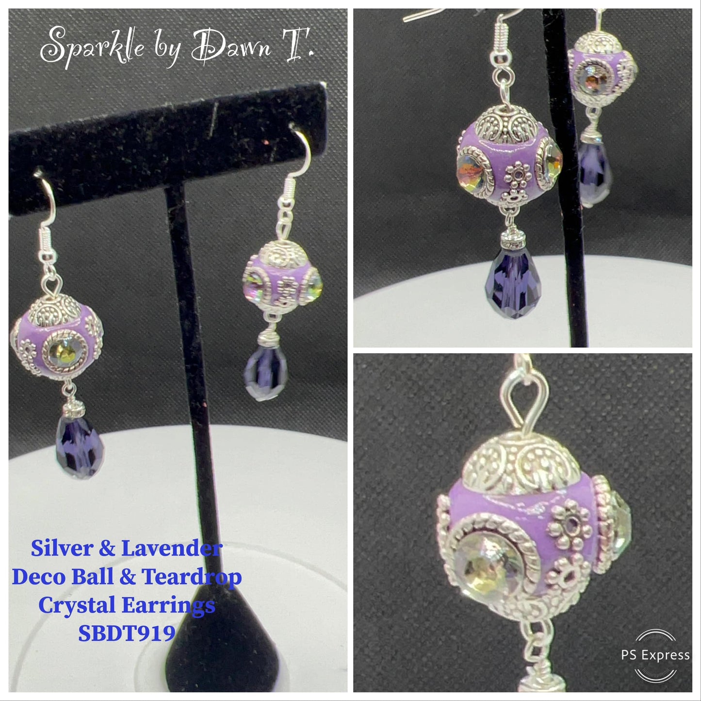 Silver and Lavender Deco Ball and Teardrop Crystal Earrings