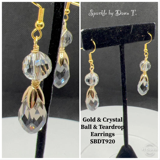 Gold and Crystal Ball and Teardrop Earrings