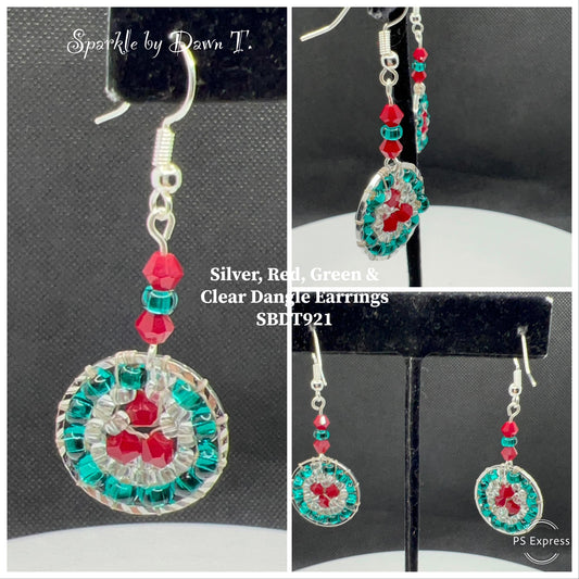 Silver Red, Green and Clear Dangle Earrings