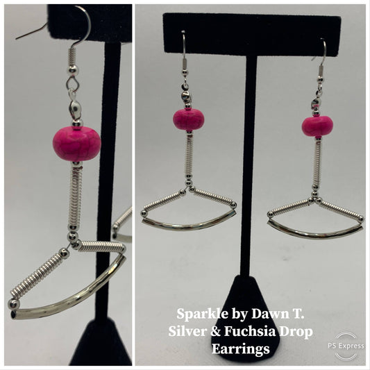 Fuschia Howlite on long dangle Triangle Silver Earrings