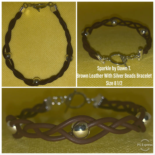 Brown Braided Leather with Silver Beads